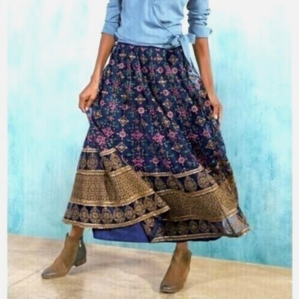 Soft Surroundings Maxi Skirt Womens XS Blue Gold Endless Nights Embroidered